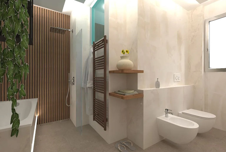 Render di doccia walk-in moderna con illuminazione LED e rivestimento in legno.