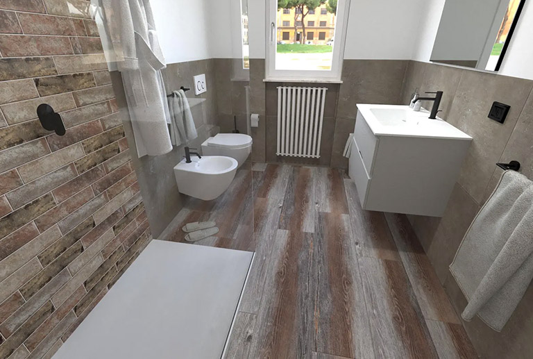 Render di progetto per la demolizione e il rifacimento totale di un bagno.