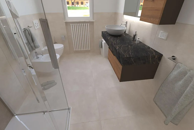 Render di soluzione per la posa di piastrelle effetto cemento in un bagno ristrutturato.